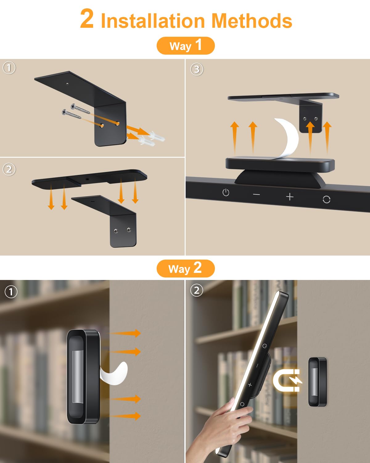 Installation options include adhesive and screws for versatile mounting.