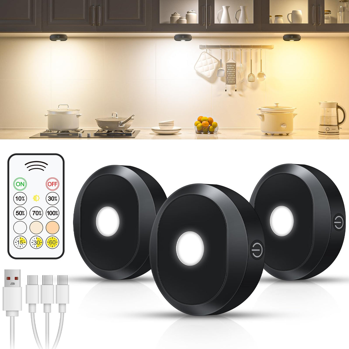 WILLED puck light with remote on a kitchen cabinet for easy, on-demand illumination