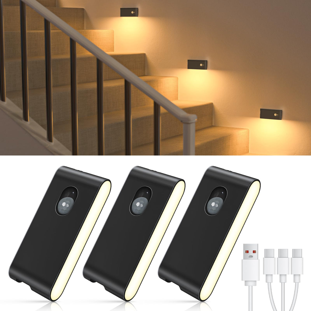 WILLED rechargeable night light on stair step guiding safe ascent at night.