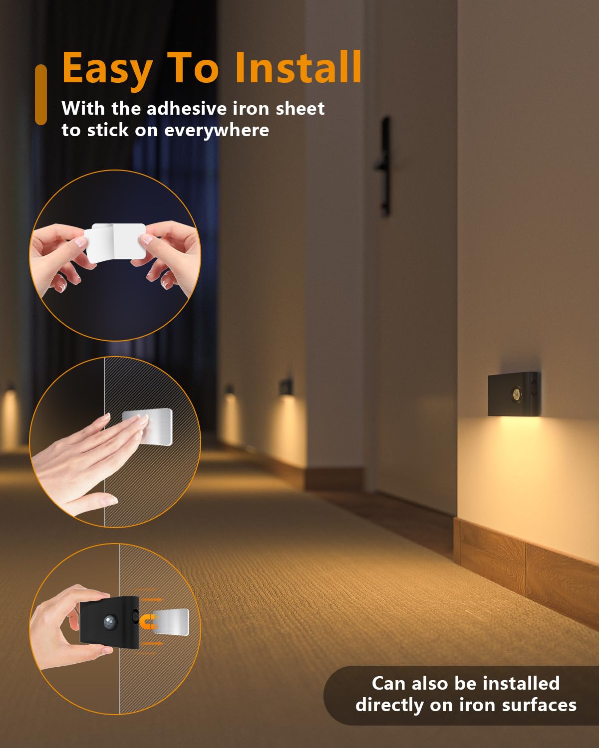 Stick-on design allows versatile placement along stairs, hallway, or bathroom.