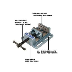 Wilton drill press vise showing hardened V-grooved jaws for round workpieces.