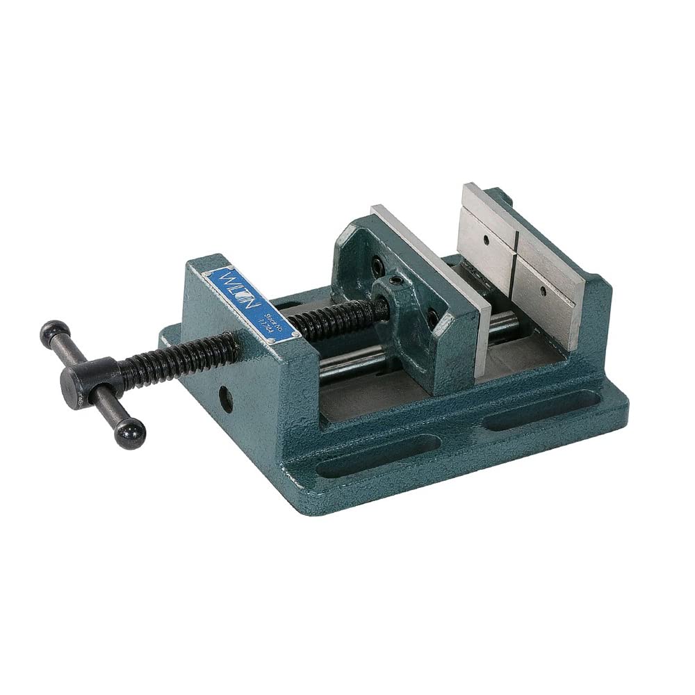 Wilton low-profile drill press vise with 4-inch jaws for compact setups.
