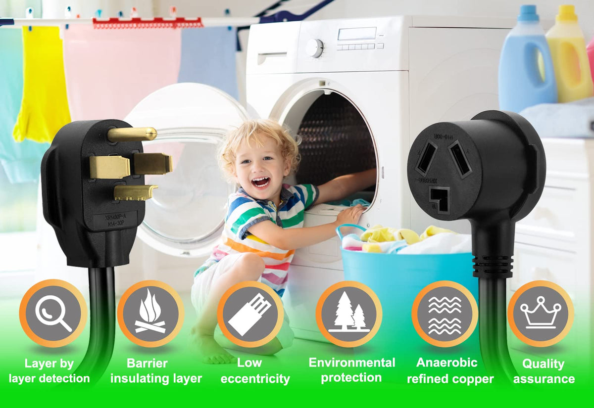 30A 250V rating supports high-wattage dryer operation.