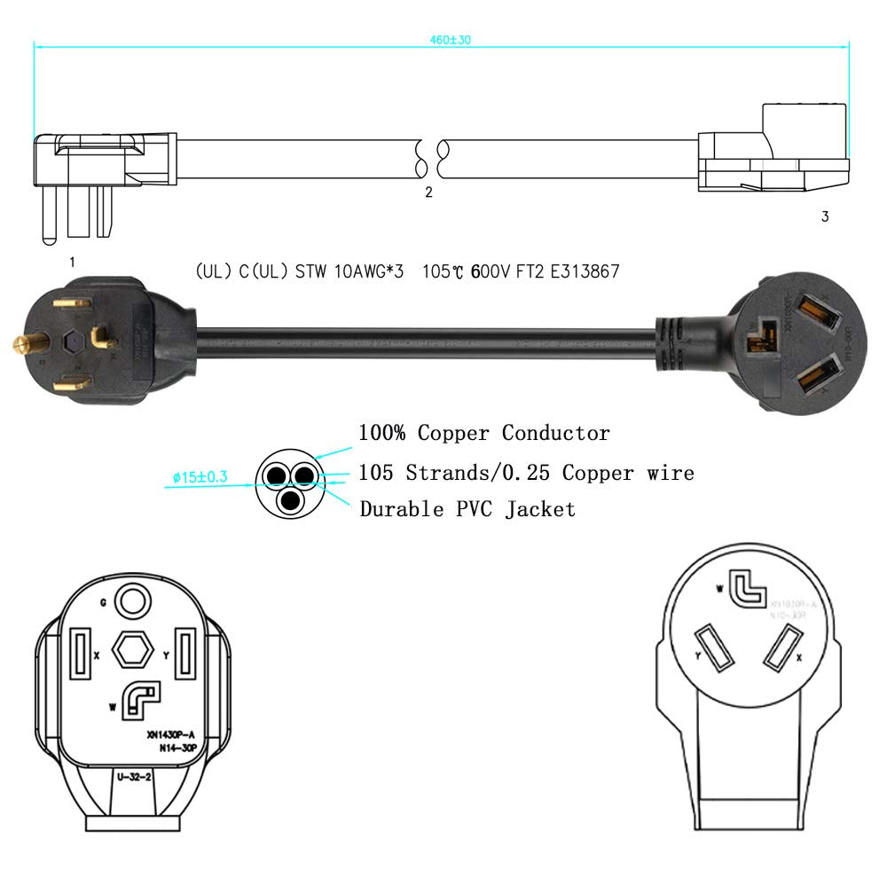 NEMA 14-30P to 10-30R cord setup enabling easy dryer connection.