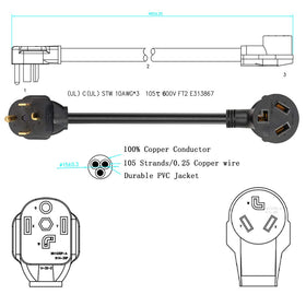 NEMA 14-30P to 10-30R cord setup enabling easy dryer connection.