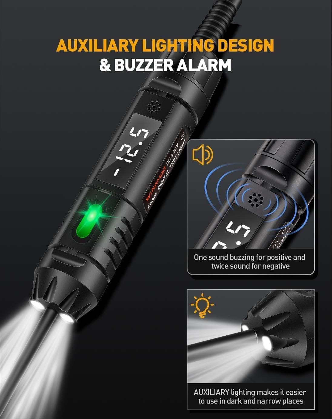 WINAMOO alarm buzzer confirms polarity quickly.