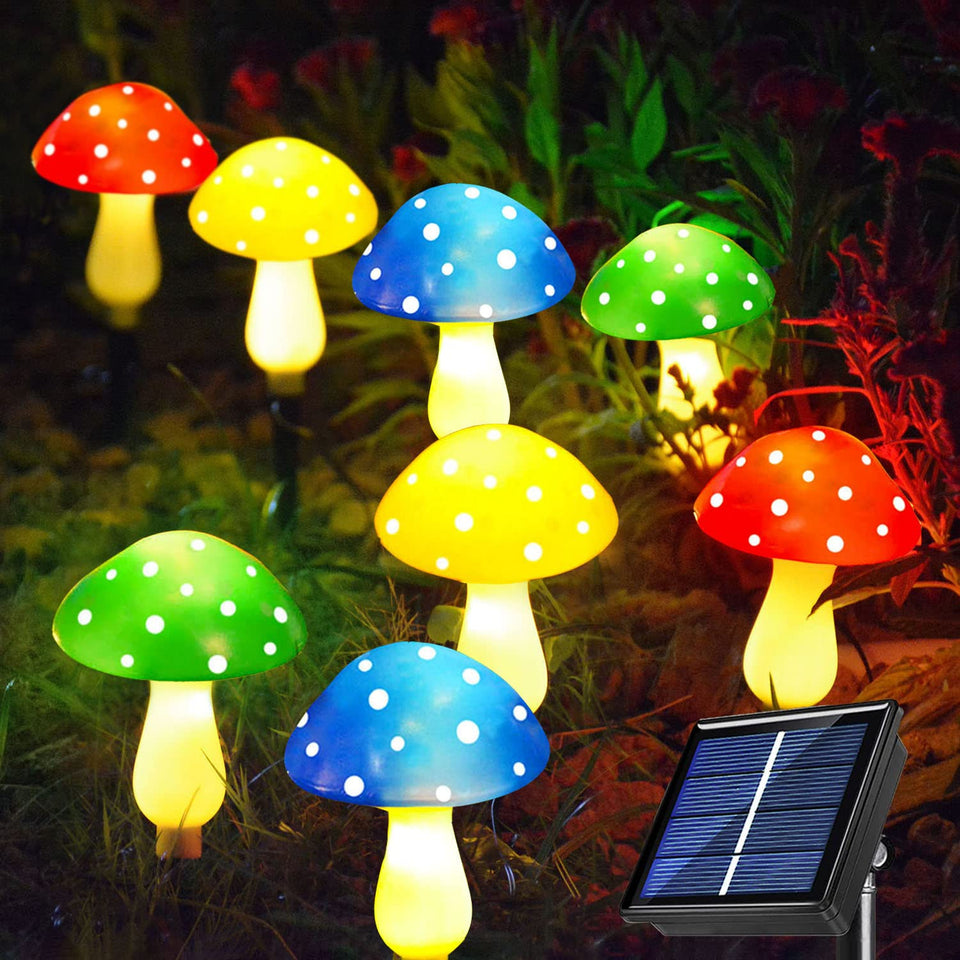 Windpnn 8-pack solar mushroom lights brighten outdoor spaces with colorful glow.