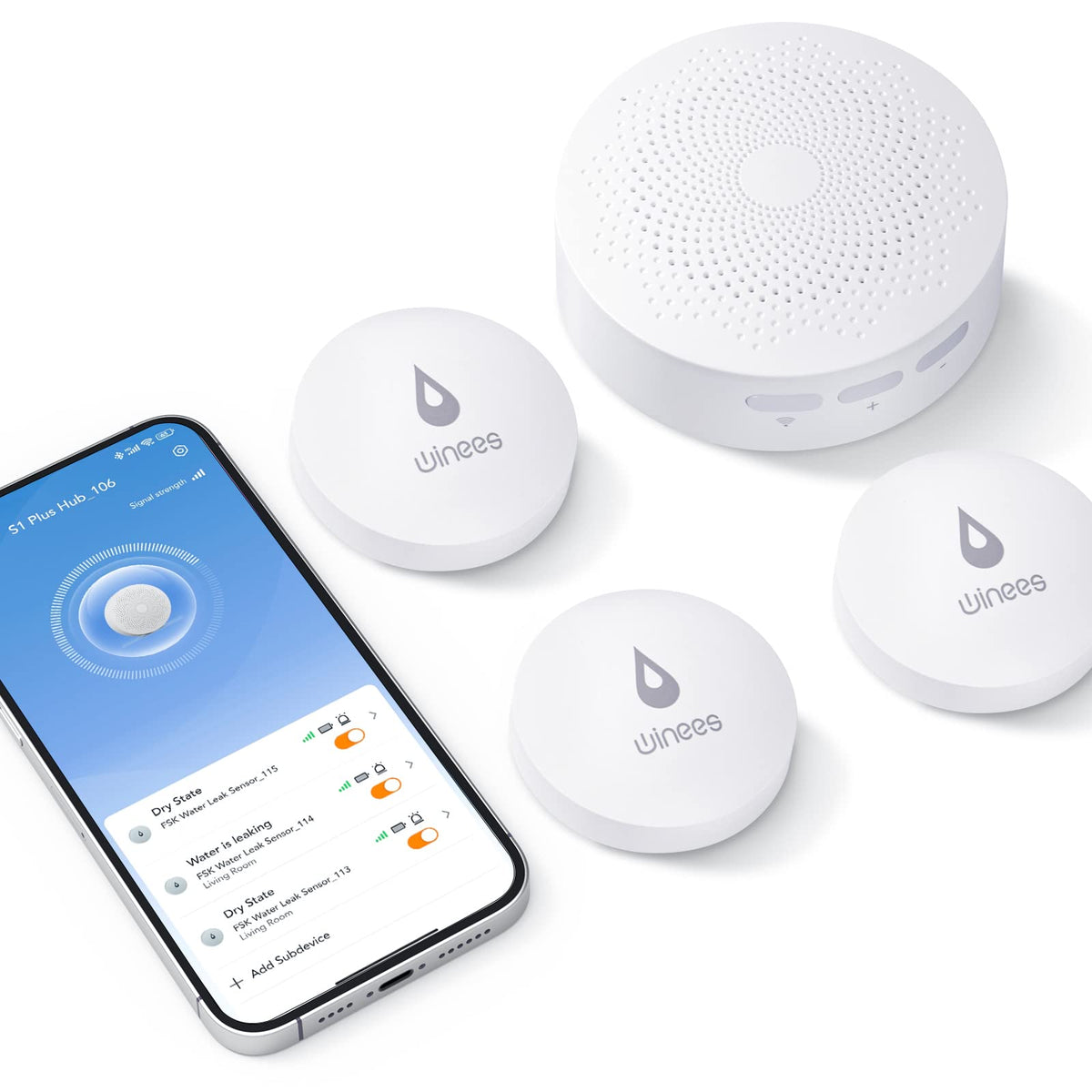 Winees WiFi leak detector hub shown with sensors for remote monitoring