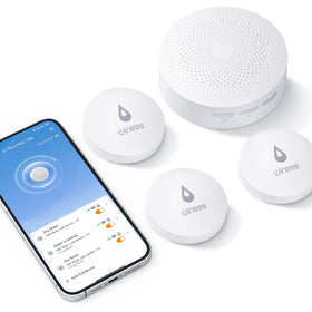 Winees WiFi leak detector hub shown with sensors for remote monitoring