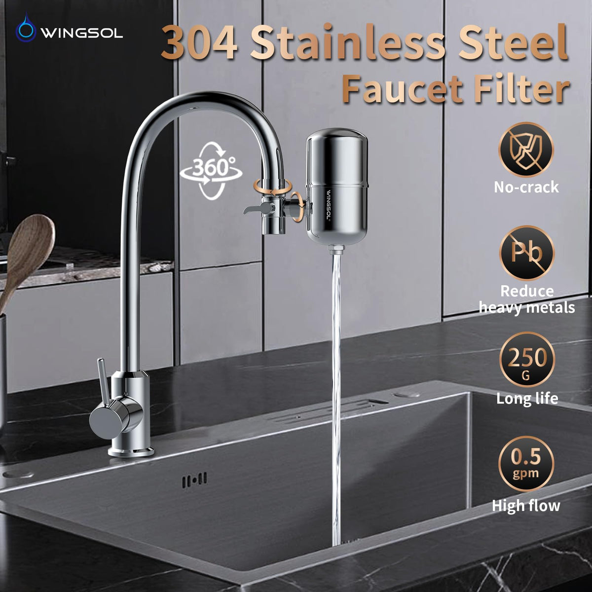 WINGSOL 360-degree rotating tap demonstrates easy access to filtered water.