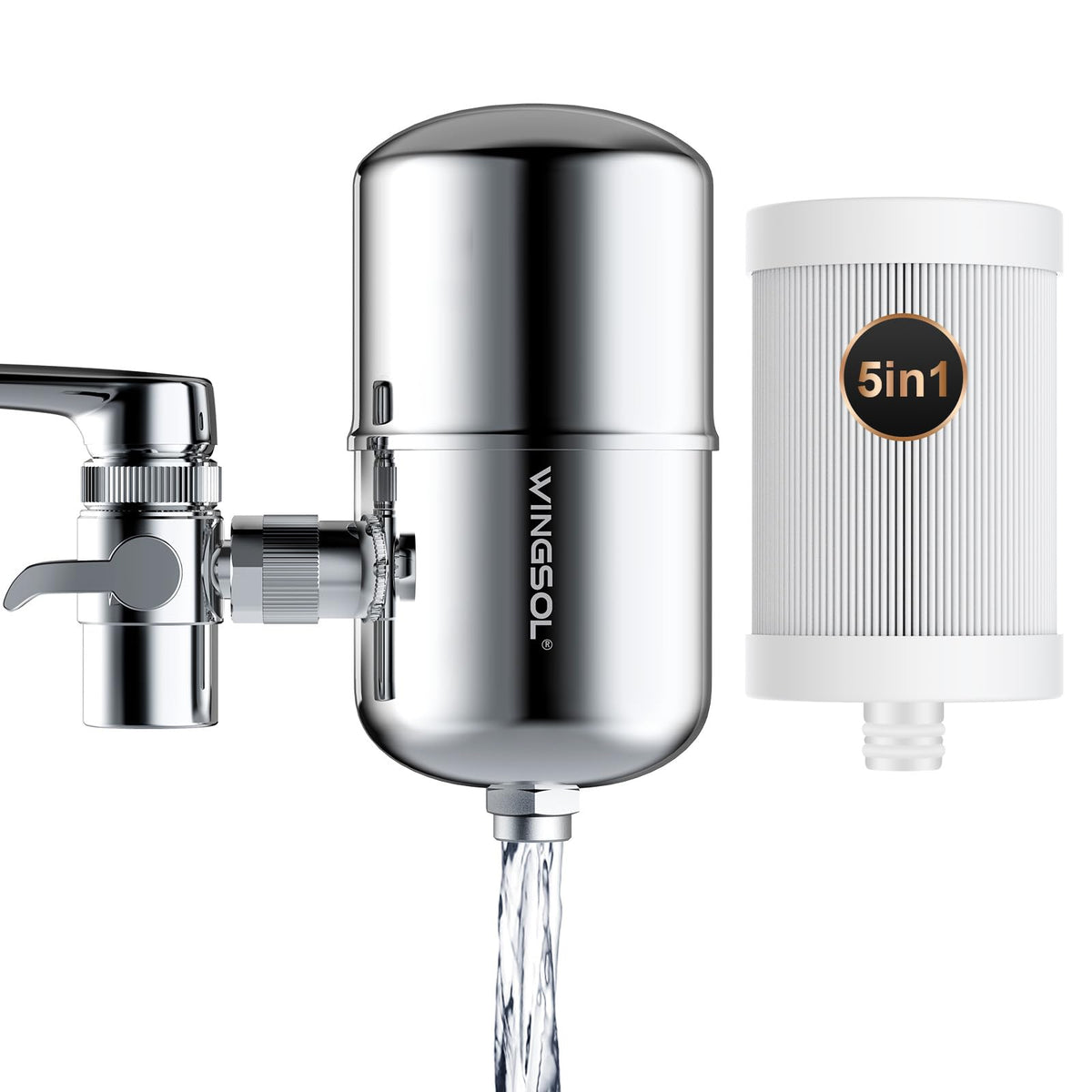 WINGSOL stainless steel housing shows sturdy 3mm construction for durable filtration.