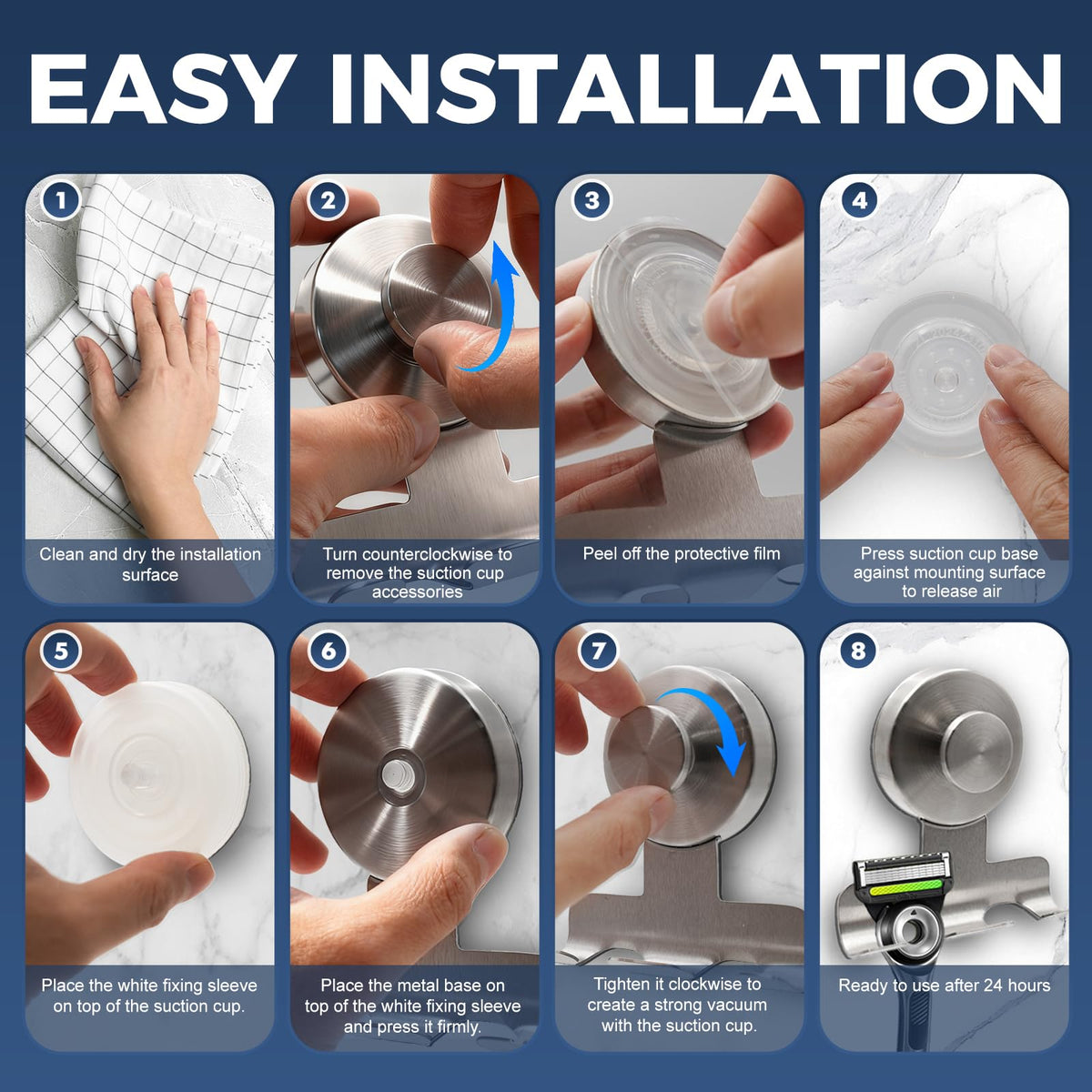 WingWider 7kg suction cup supports heavy items like razors and towels in the shower.