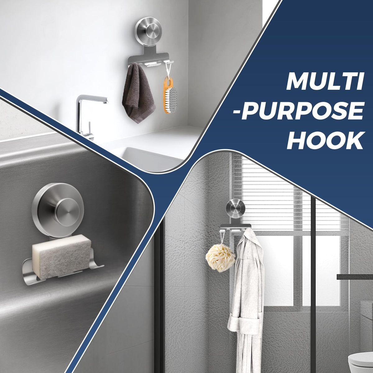 WingWider brushed-silver shower hook blends with modern bathrooms and resists corrosion.