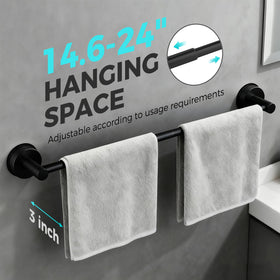 WingWider matte black towel bar installed on wall for no-drill setup