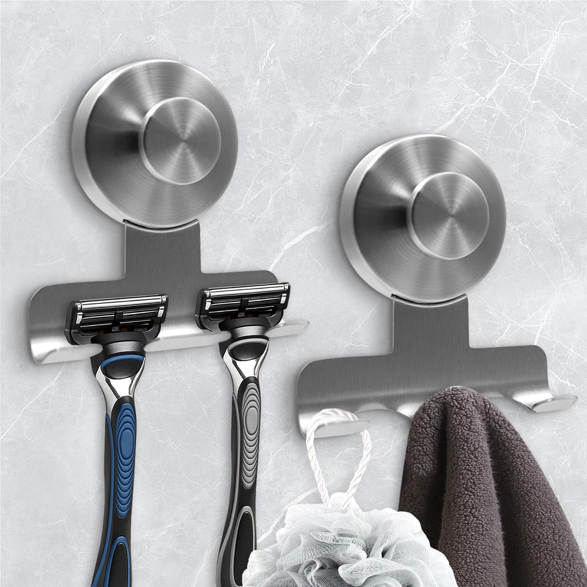 WingWider razor holder in brushed stainless steel keeps razor secure and dry in the shower.