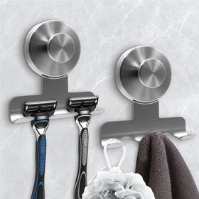 WingWider razor holder in brushed stainless steel keeps razor secure and dry in the shower.