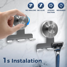 WingWider suction hook holds towel or loofah on smooth surfaces for easy reach.