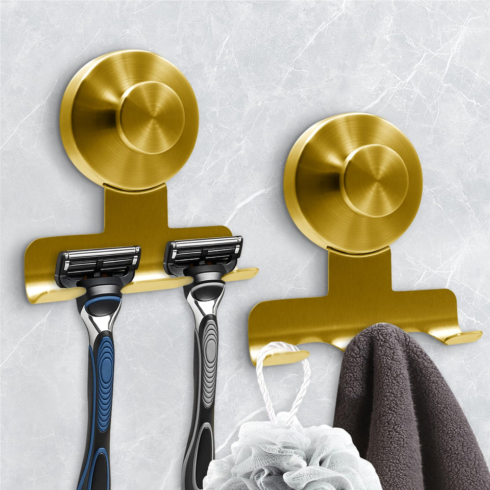 WingWider razor holder in brushed gold with suction cup keeps razor dry and within reach