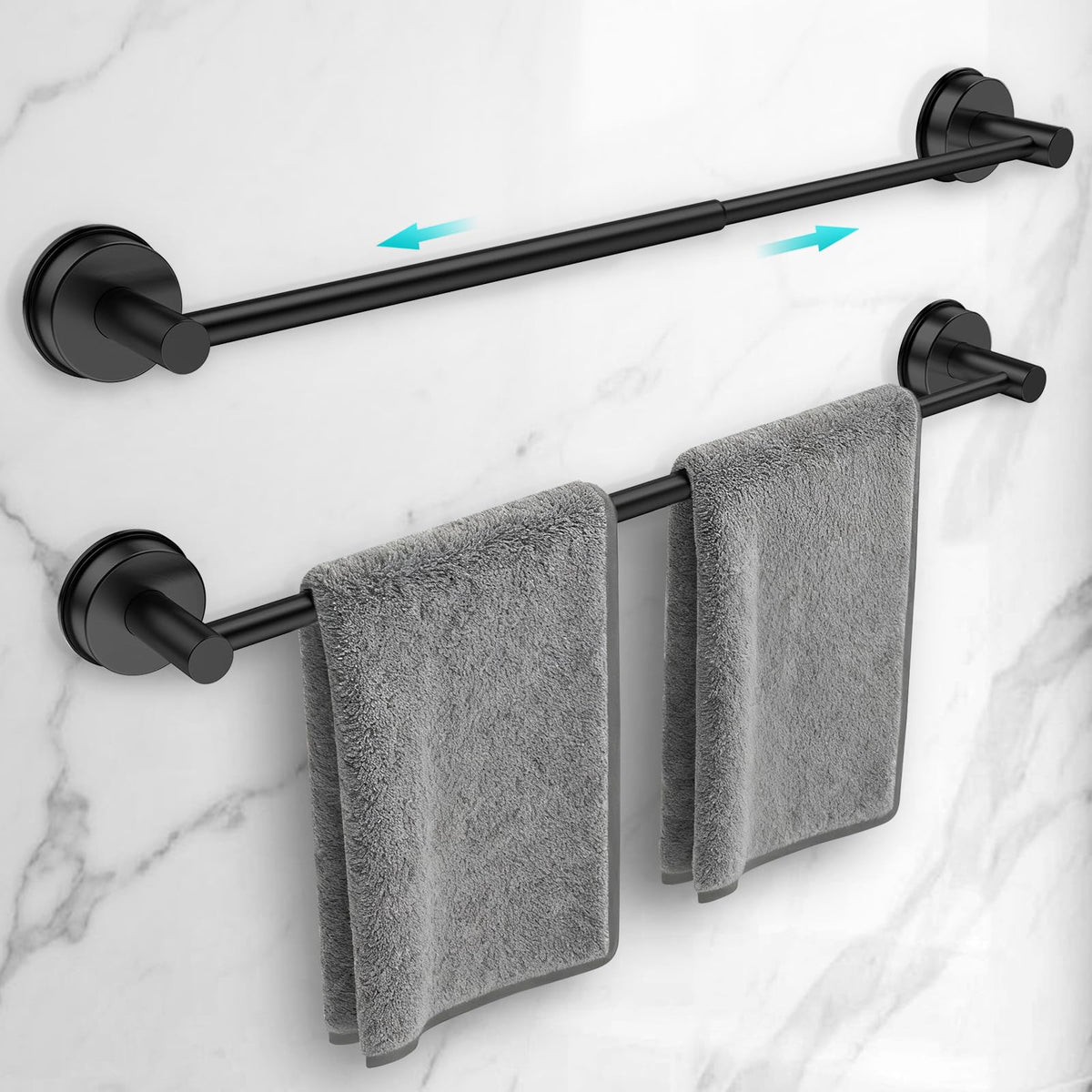 WingWider towel bar wall-mount in matte black, adjustable for versatile bathroom storage.