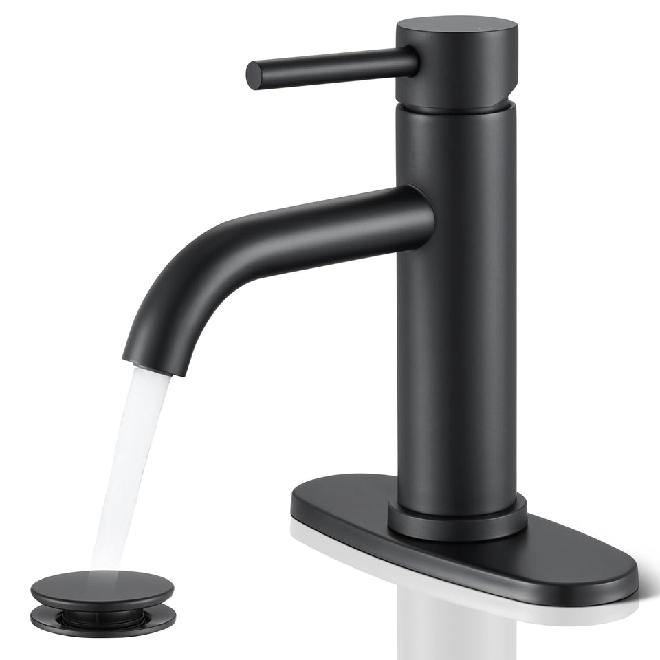 WINKEAR black bathroom faucet with single-hole design for compact vanity