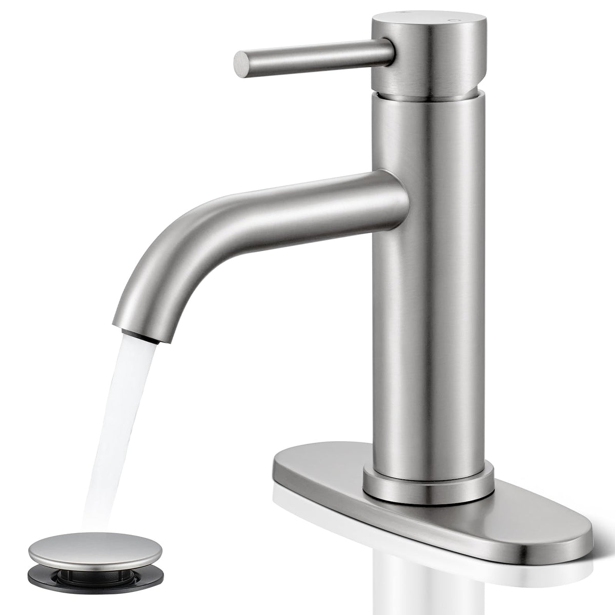 WINKEAR brushed-nickel bathroom faucet front view highlights durable stainless construction