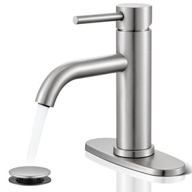 WINKEAR brushed-nickel bathroom faucet front view highlights durable stainless construction