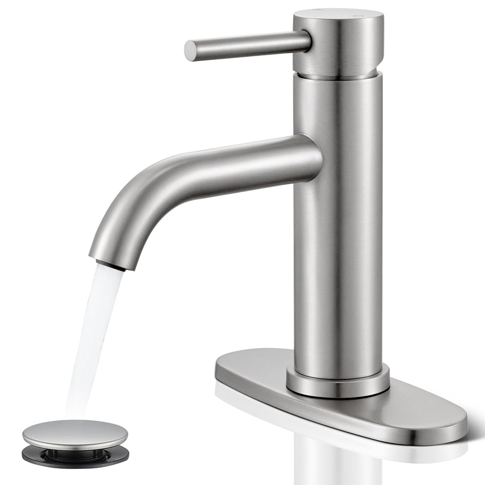 WINKEAR brushed-nickel bathroom faucet front view highlights durable stainless construction