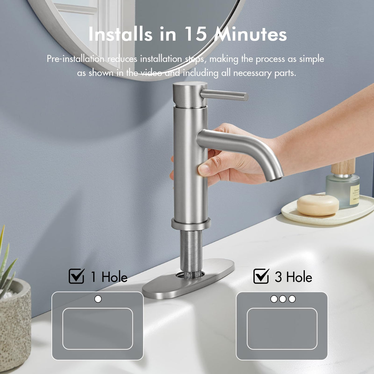 WINKEAR brushed-nickel faucet panel installation for versatile 1 or 3-hole setups