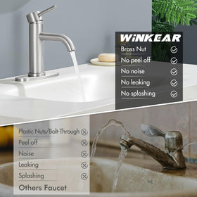 WINKEAR brushed-nickel faucet sink setup for quick, tool-free installation
