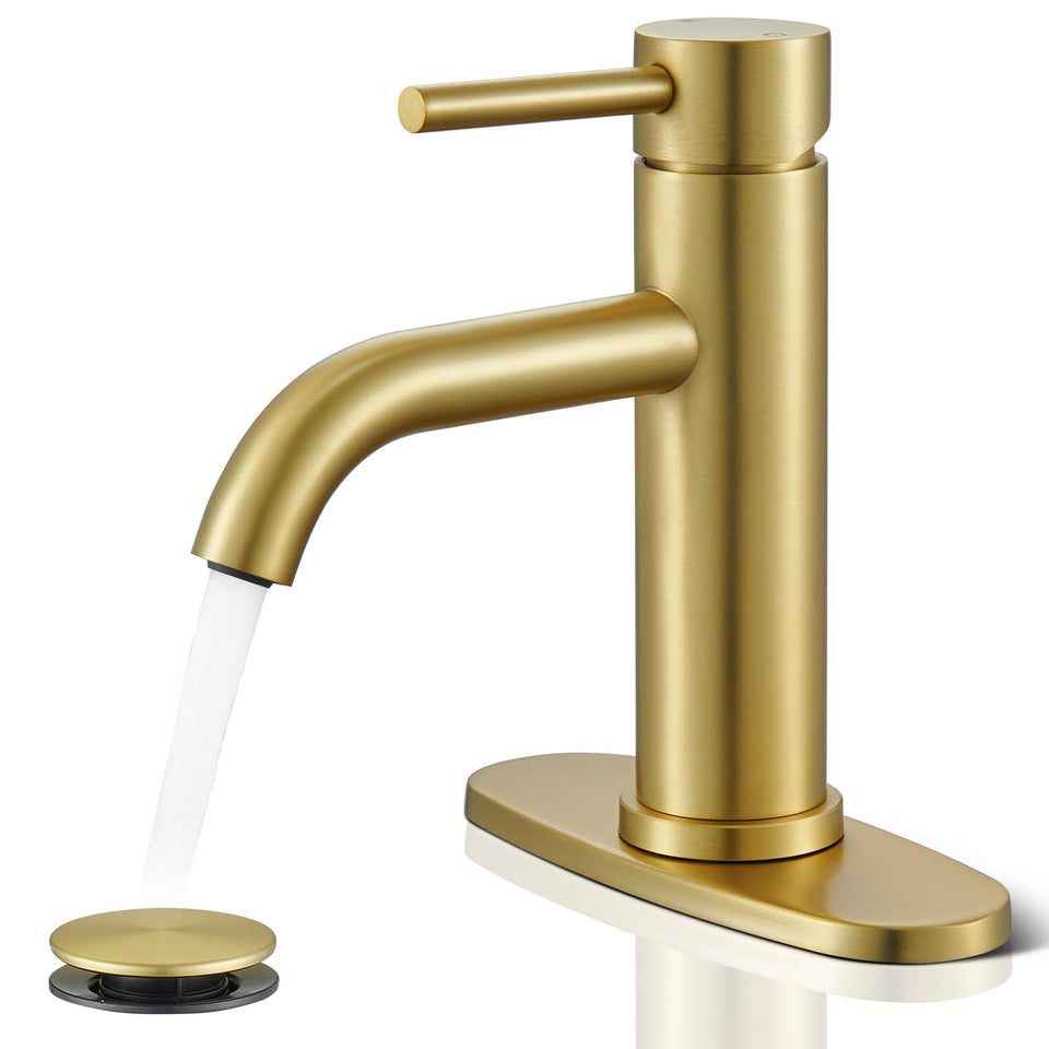 WINKEAR gold bathroom faucet front view shows modern farmhouse style with durable brushed finish.