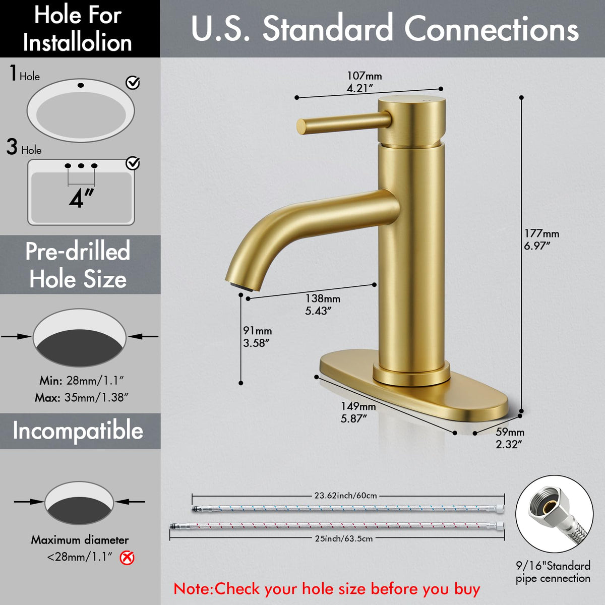 WINKEAR gold faucet in sink setup demonstrates 1 or 3-hole compatibility.