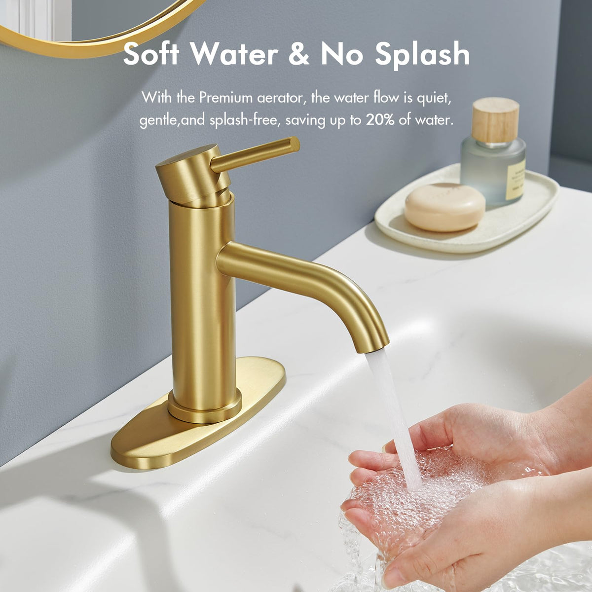 WINKEAR gold faucet spout demonstrates gentle water flow with low splash.