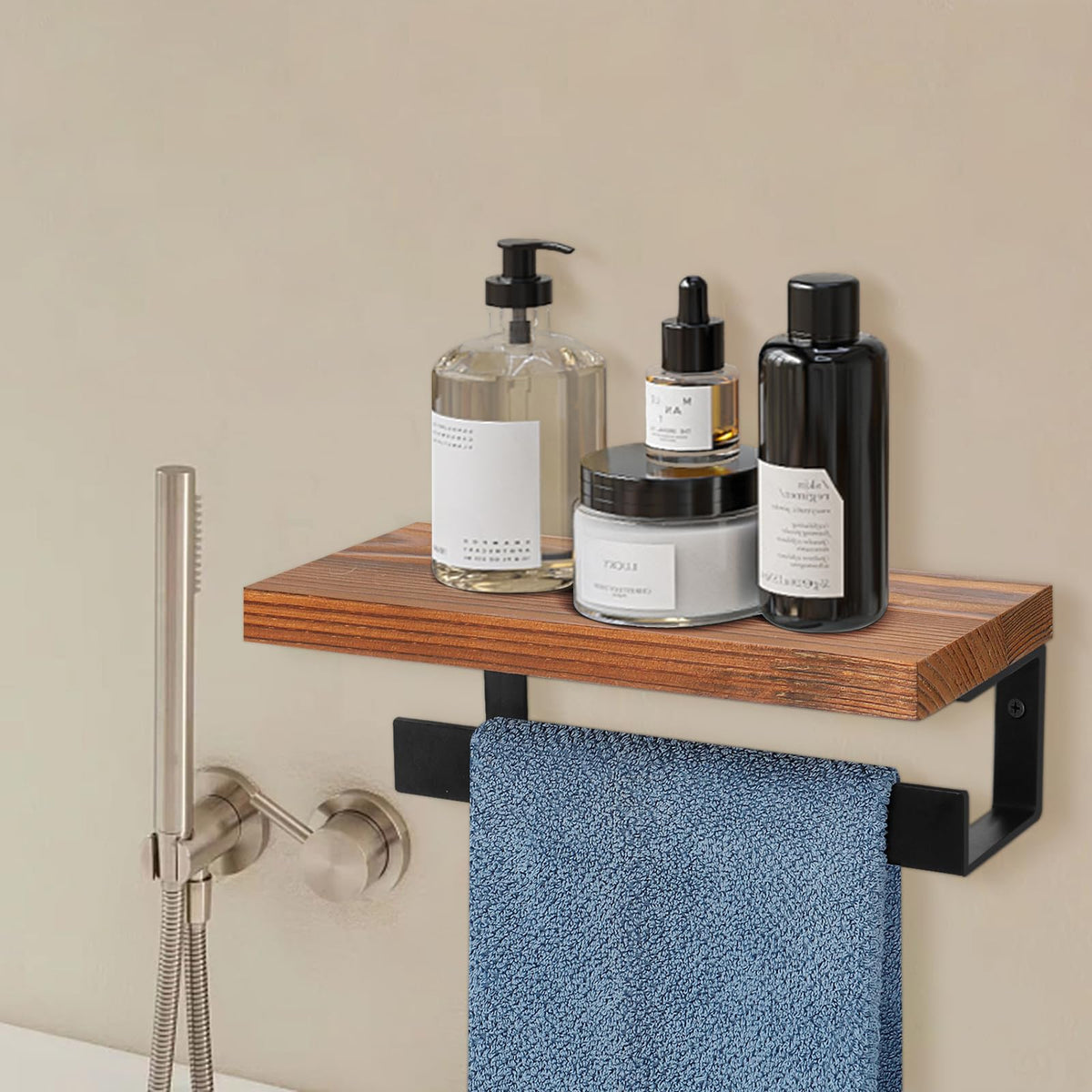 Winmien matte black iron and wood blend suits modern bathrooms.