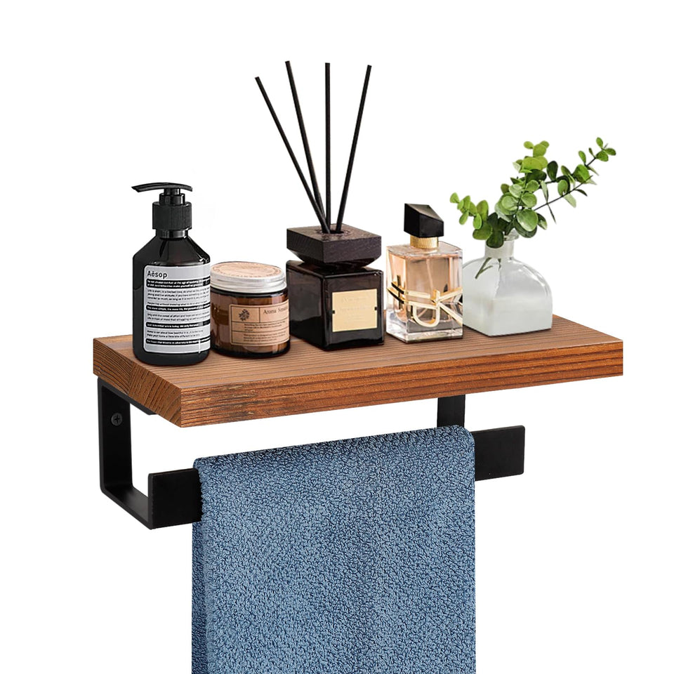 Winmien hand towel holder with wooden shelf in matte black wall mount for small bathrooms.