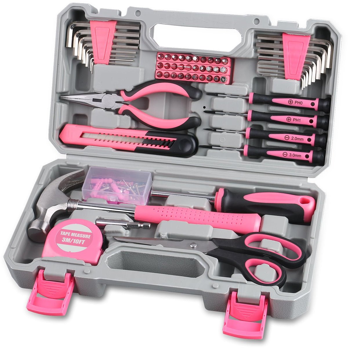 WINNER 150-piece pink tool kit case closed for organized home repairs.