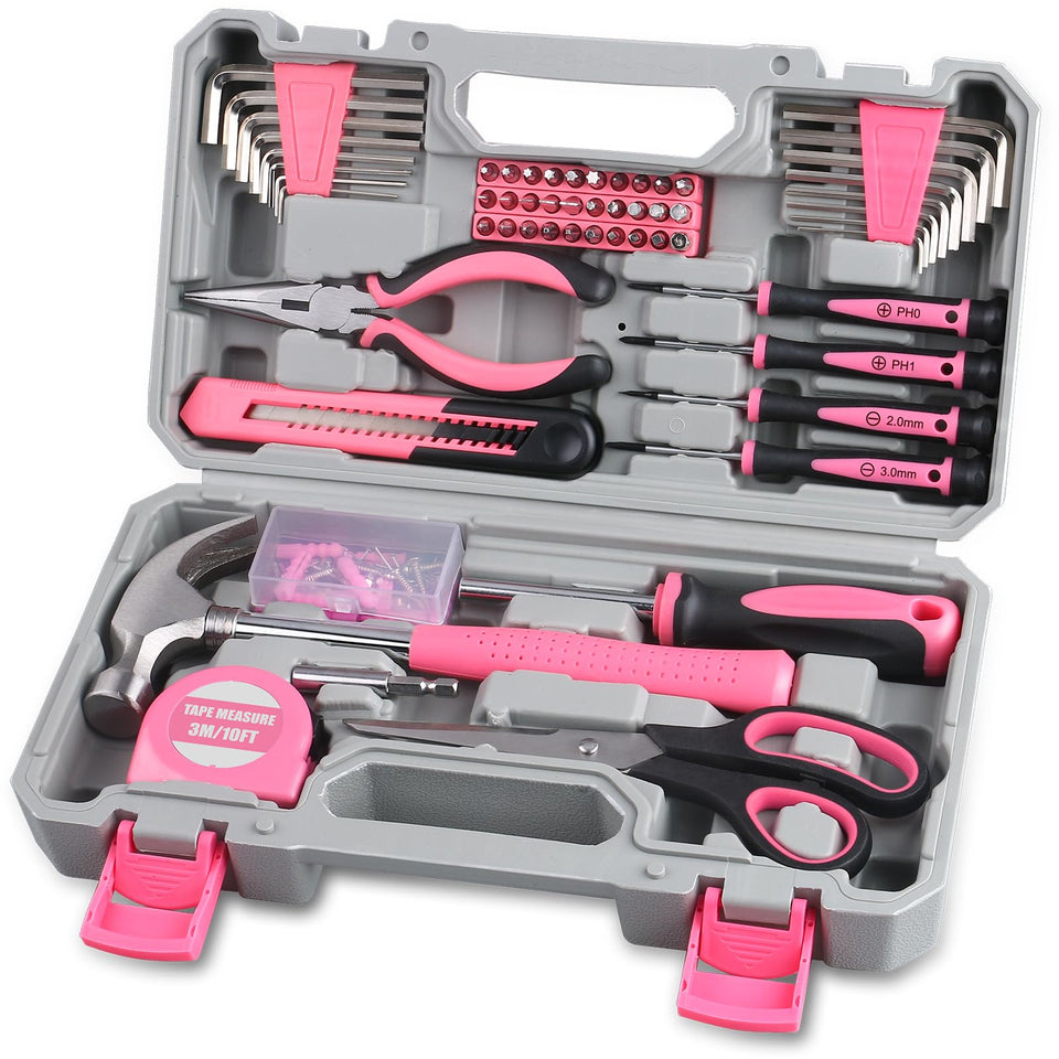 WINNER 150-piece pink tool kit case closed for organized home repairs.