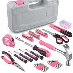 WINNER 150-piece pink tool kit case open for quick DIY projects.