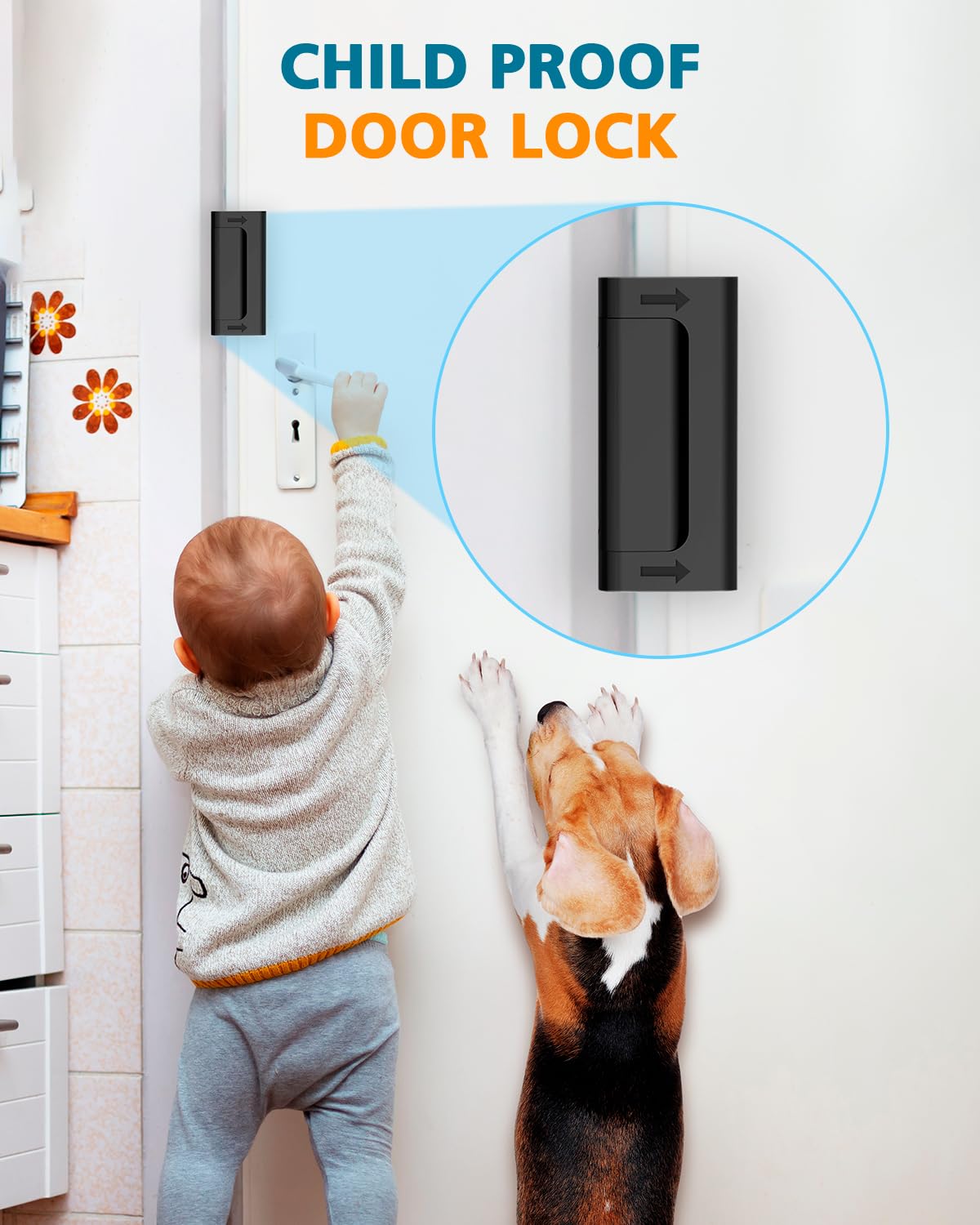Spring-loaded, childproof mechanism deters children from opening the door.