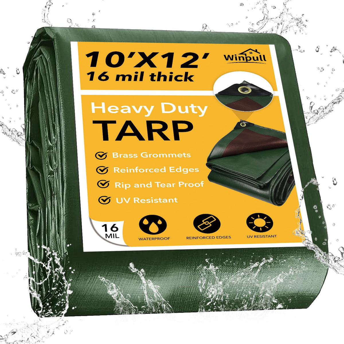 Winpull tarp 10x12ft outer view highlights sturdy green water-resistant cover for protection