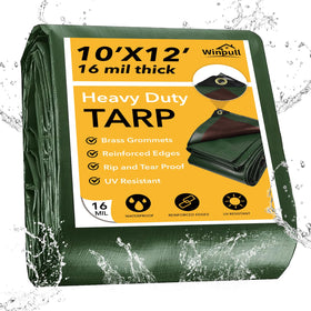 Winpull tarp 10x12ft outer view highlights sturdy green water-resistant cover for protection