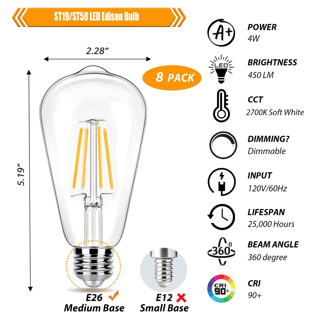 winsaLED ST19 bulbs with E26 base emit a soft 2700K glow for cozy bedrooms