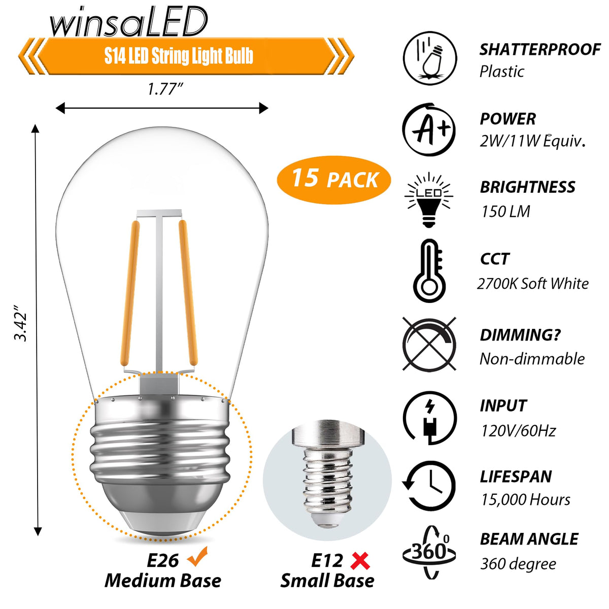 winsaLED S14 bulb waterproof and shatterproof for outdoor use