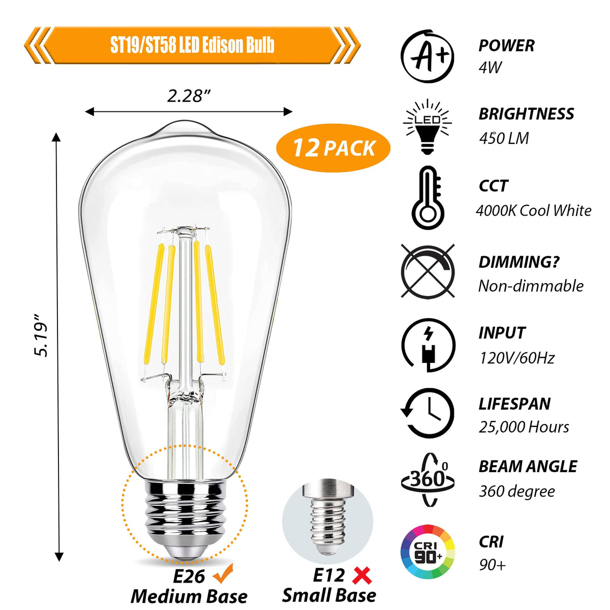 winsaLED four filaments visible inside clear glass for a neutral, flicker-free glow.
