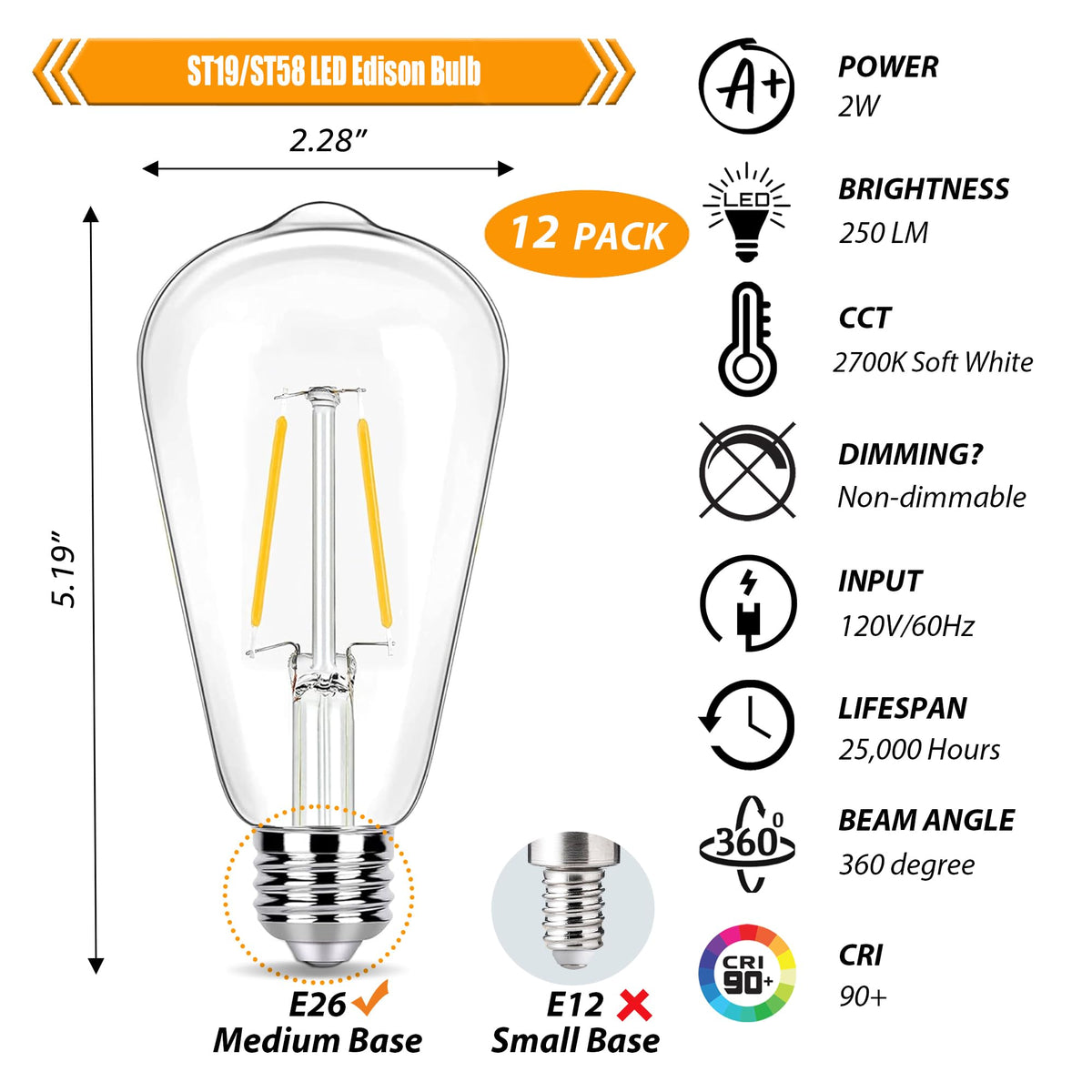 winsaLED 2W LED bulb with E26 base showing 25W equivalent brightness