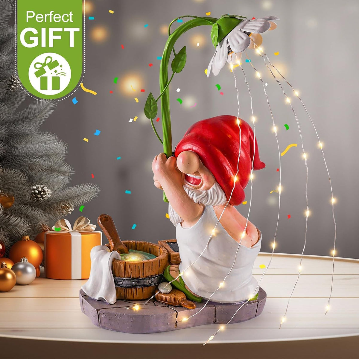 WINTS lawn balcony gnome decor with soft night glow.