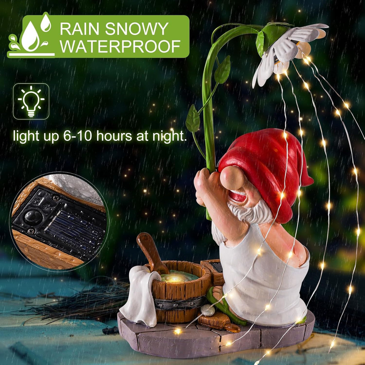 WINTS resin outdoor gnome statue resists weather fade.