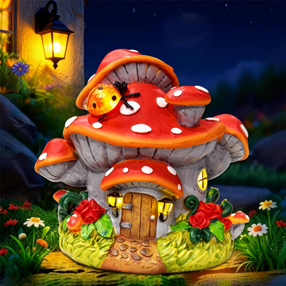 WINTS solar mushroom house front view with durable resin and fairy garden charm