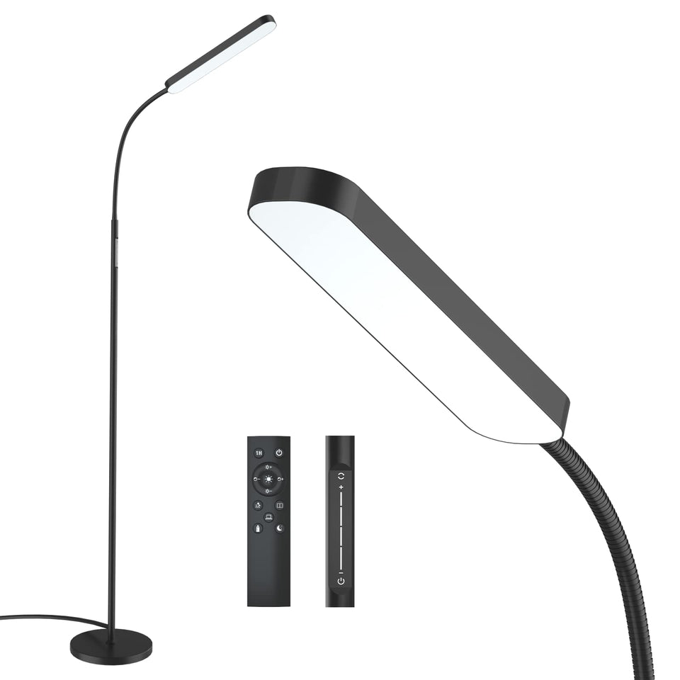 Wio-Mio floor lamp with remote control for easy brightness adjustments.