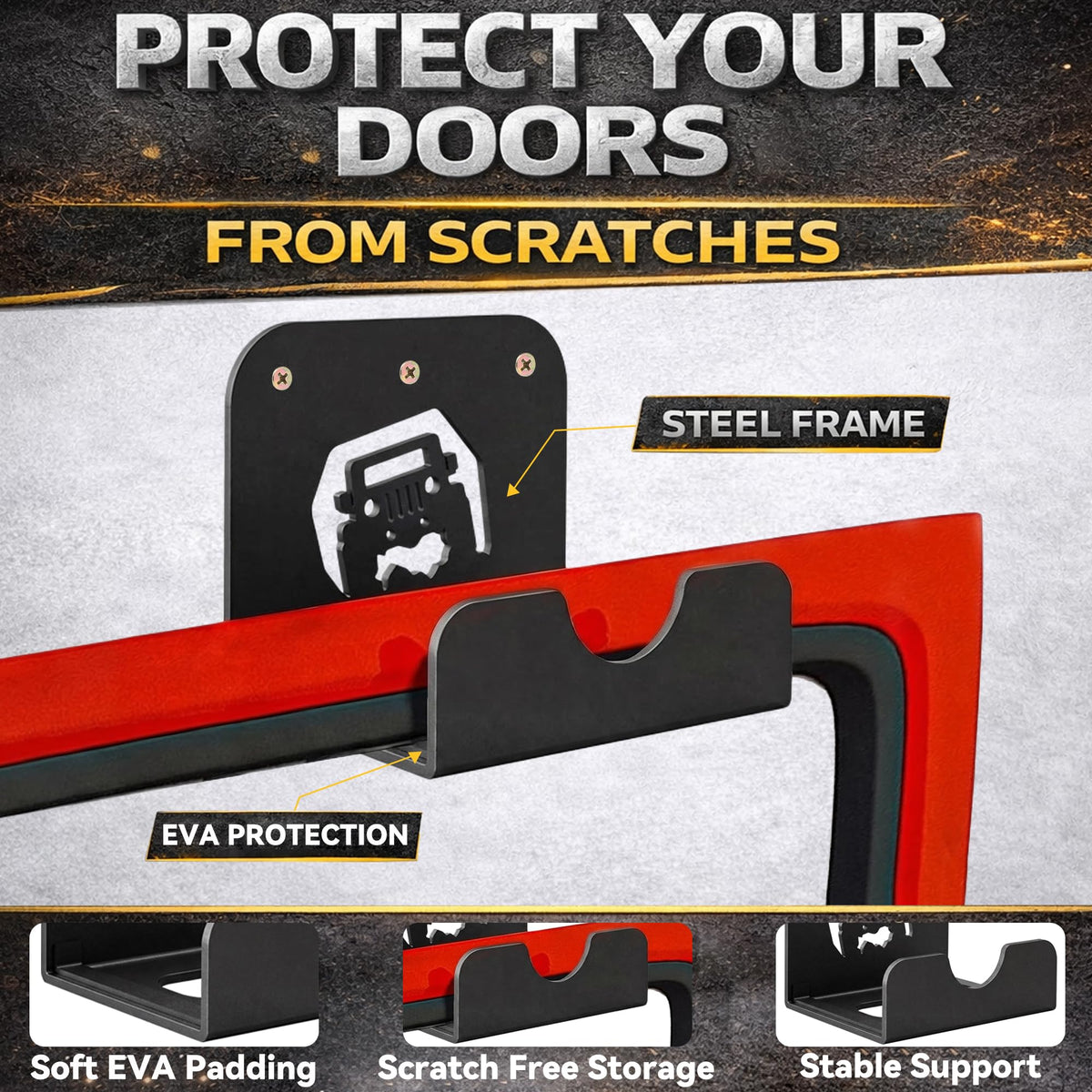 WIPHANY door hanger heavy-duty wall mount with rubber padding protects door edges during storage.