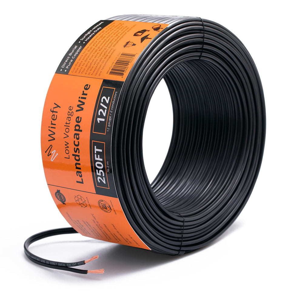 Wirefy 12/2 low voltage wire coil shows flexible, DIY-friendly landscape wiring.